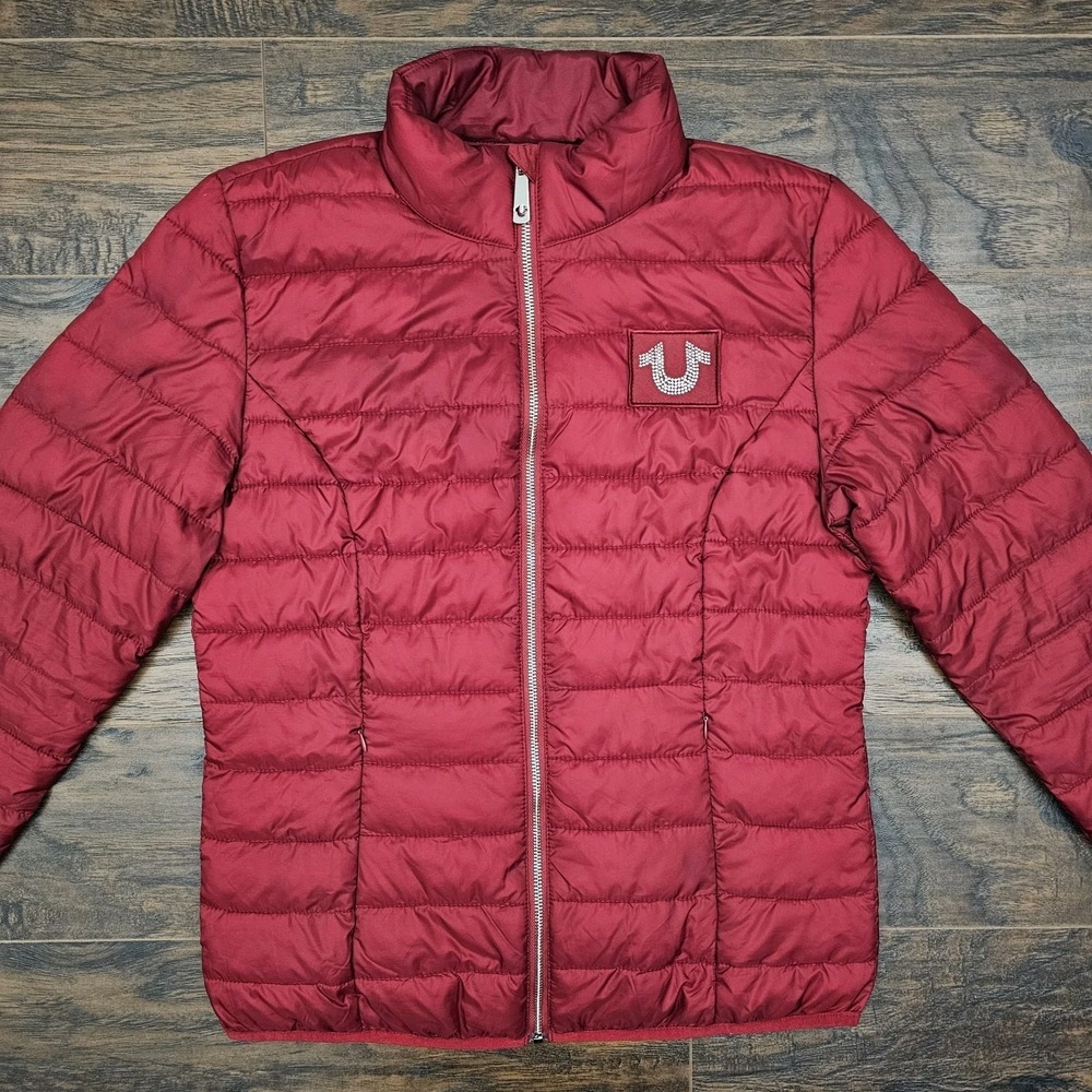 True Religion Jacket Womens Large Slim‎ Red Puffer Lightweight Diamond Logo